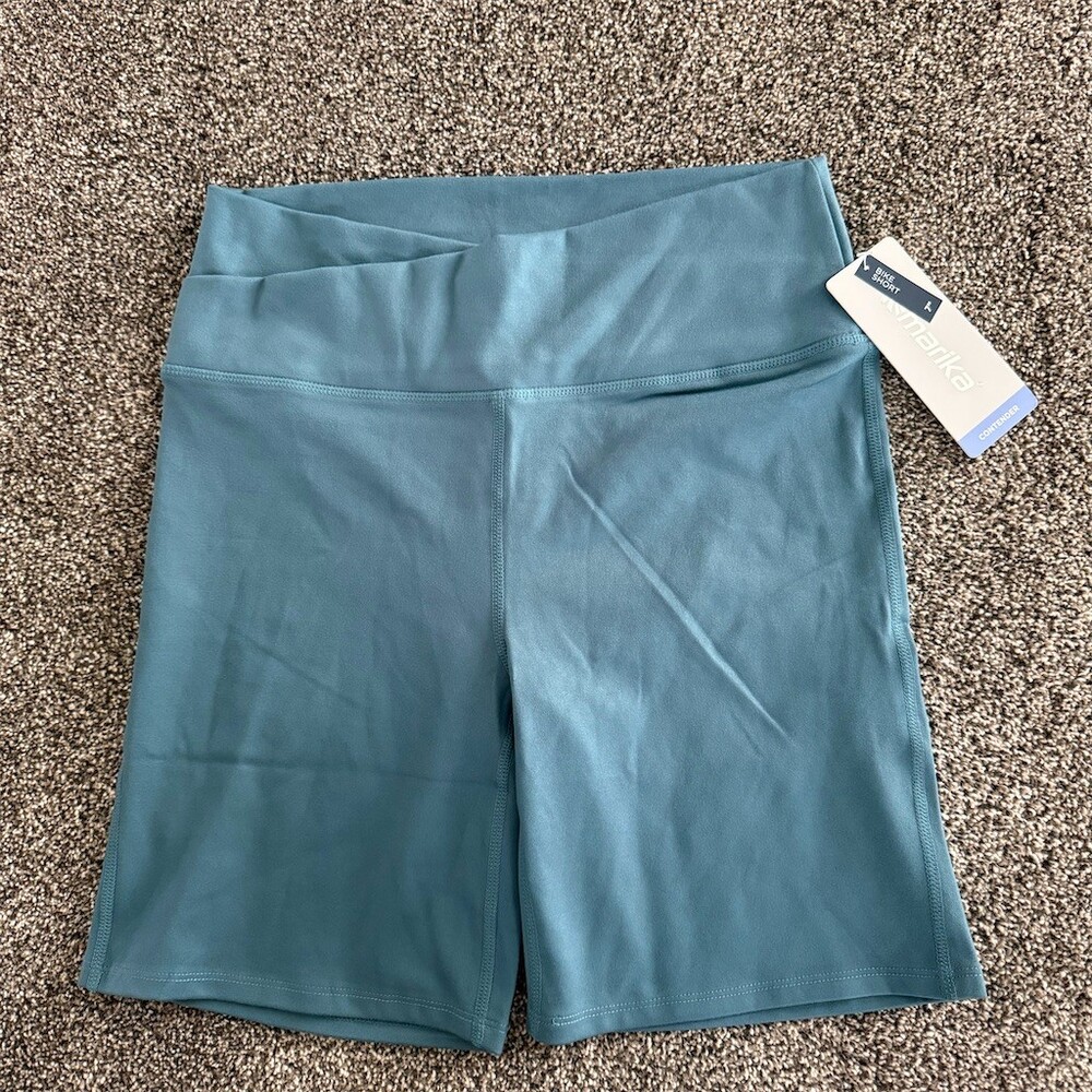 Marika Contender Biker Shorts Womens Size L Teal Blue High Rise 7" NWT